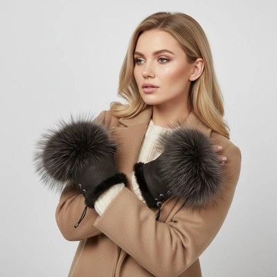 Mănuși Fără Degete LUKA-PELLI - Rękawiczki Bez Palców Z Naturalnym Futrem Jenot Czekolada